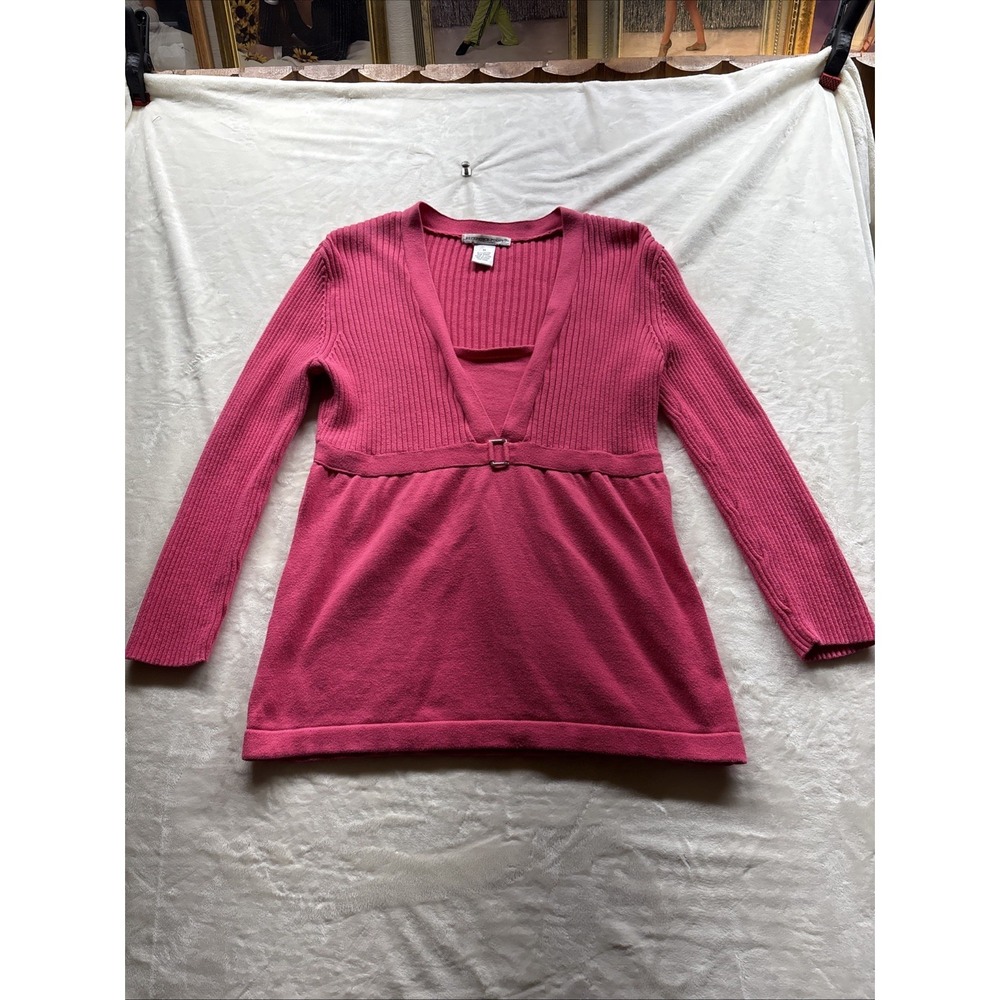 Reference Point Sweater Women's Size M Pink Babydoll V Neck Knit Pullover Fitted